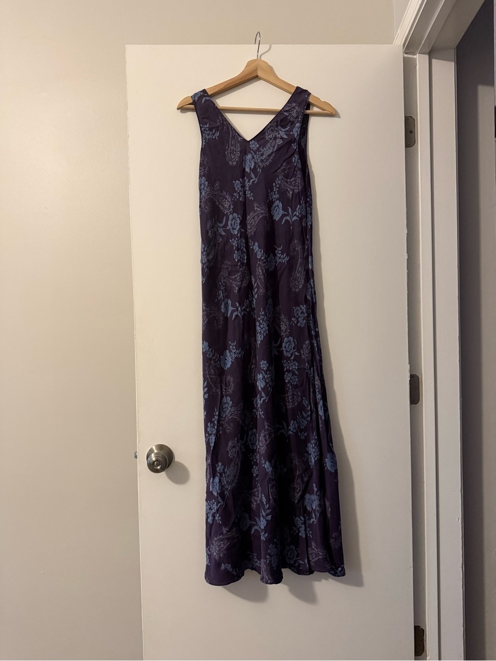 Vintage 100% Silk Floral Purple and Blue Maxi V Neck Slip Dress